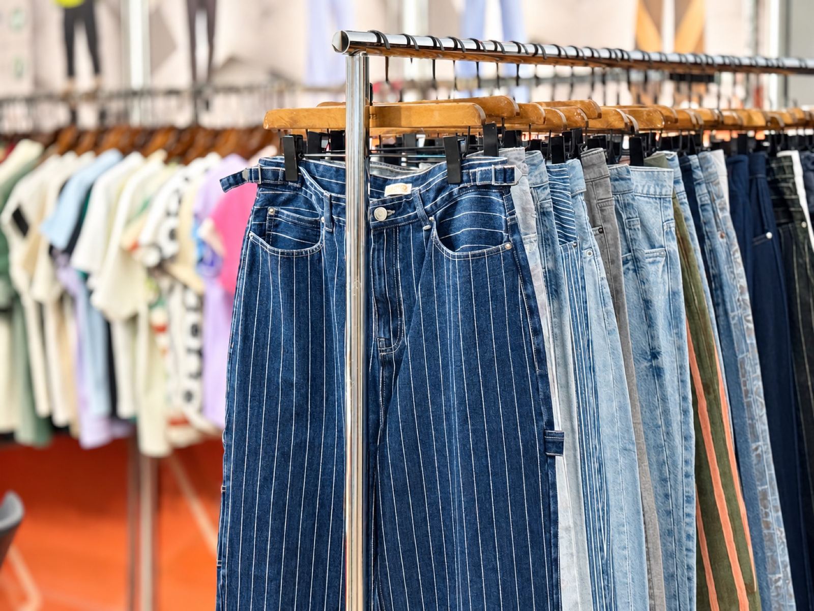 Striped denim jeans on the rail