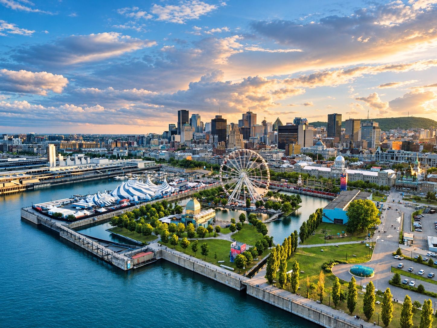 The Old Port of Montréal and downtown at golden hour