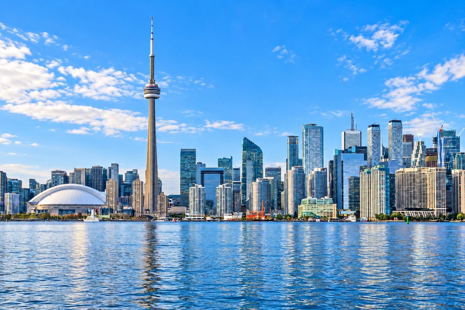 The Toronto skyline and CN Tower over Lake Ontario